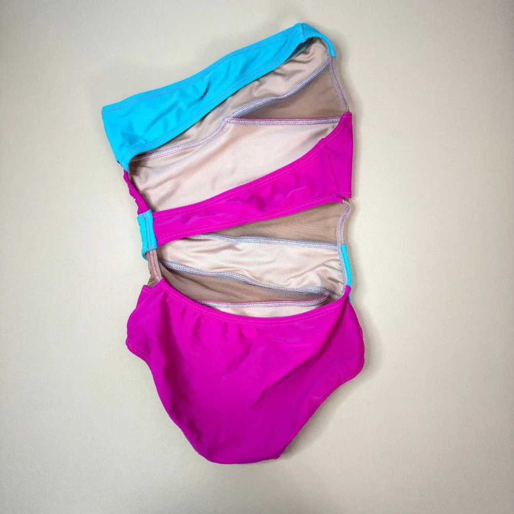 AA Dance Costumes FLORIDA Leotard Pink Blue Mesh Cut Out Child Med CM Photoshoot